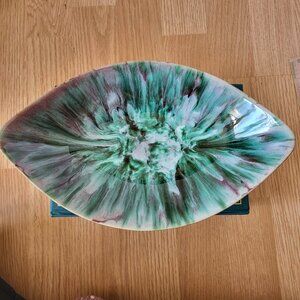 Vintage Beauce Canada Art Pottery Oblong Dish No 1435, Green Drip glaze design